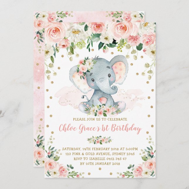 Elegant Blush Floral Elephant Girl 1st Birthday Invitation (Front/Back)