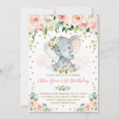 Elegant Blush Floral Elephant Girl 1st Birthday Invitation (Front)