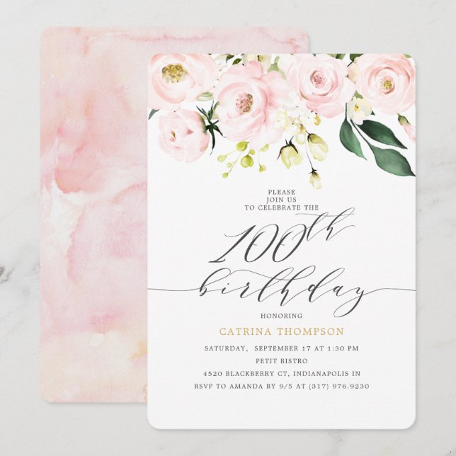 Elegant  Blush Floral  Eucalyptus 100th Birthday Invitation (Front/Back)