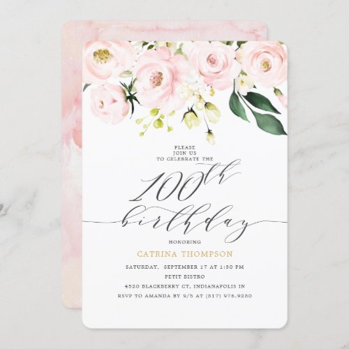 Elegant  Blush Floral  Eucalyptus 100th Birthday Invitation