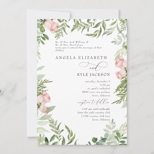 Elegant Blush Floral Eucalyptus Both Parents Invitation (Front)