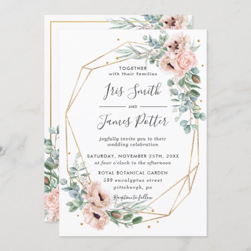 Elegant Blush Floral Eucalyptus Geometric Gold Invitation