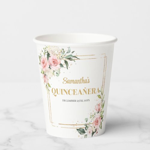 Elegant Blush floral eucalyptus gold quinceanera Paper Cups