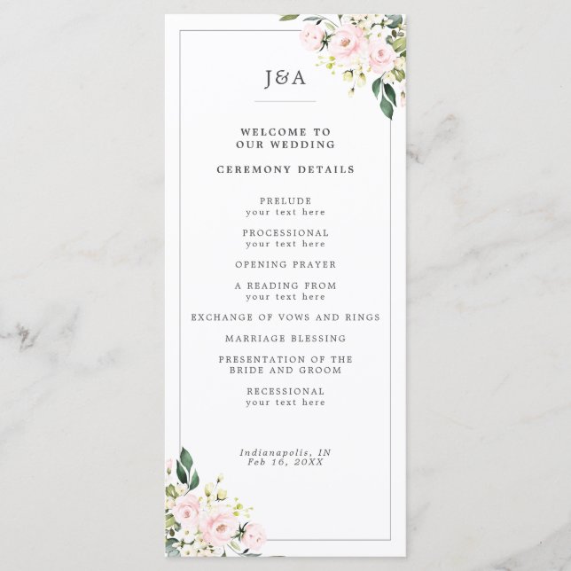 Elegant Blush Floral Eucalyptus Greenery Wedding Program (Front)
