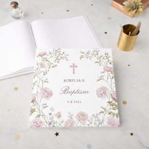 Elegant Blush Floral Frame Baptism Guest Book