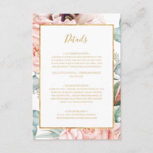 Elegant Blush Floral Garden  Details Enclosure Card