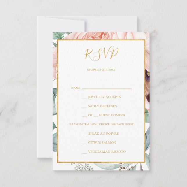 Elegant Blush Floral Garden Menu Choice RSVP Card (Front)