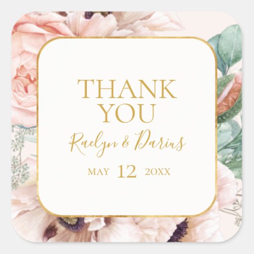 Elegant Blush Floral Garden Pastel Thank You Favor Square Sticker