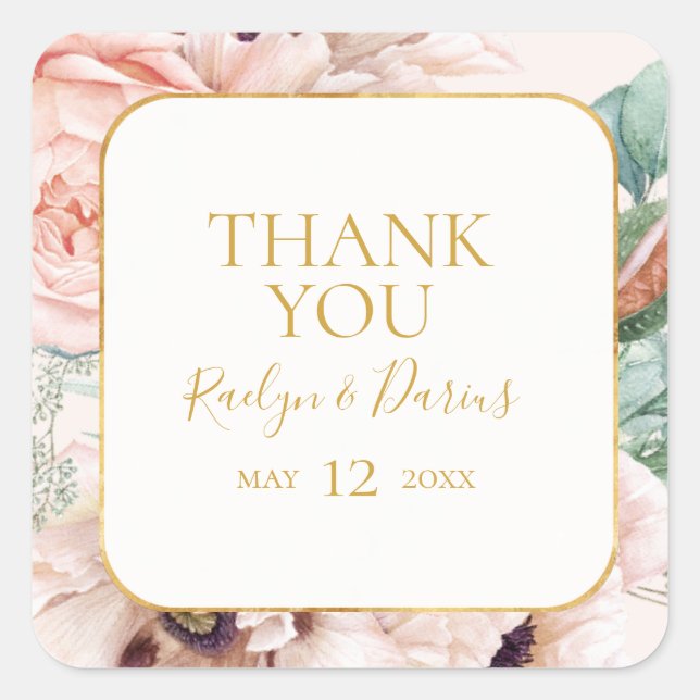 Elegant Blush Floral Garden Pastel Thank You Favor Square Sticker (Front)