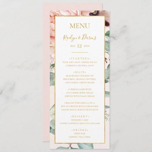 Elegant Blush Floral Garden Pastel Wedding Dinner  Menu
