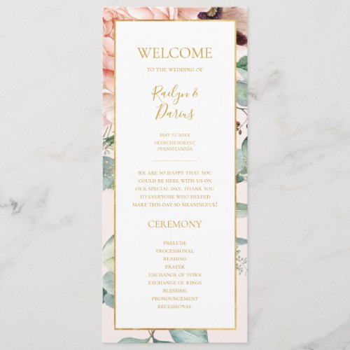 Elegant Blush Floral Garden  Pastel Wedding Program