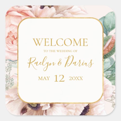 Elegant Blush Floral Garden Pastel Wedding Welcome Square Sticker