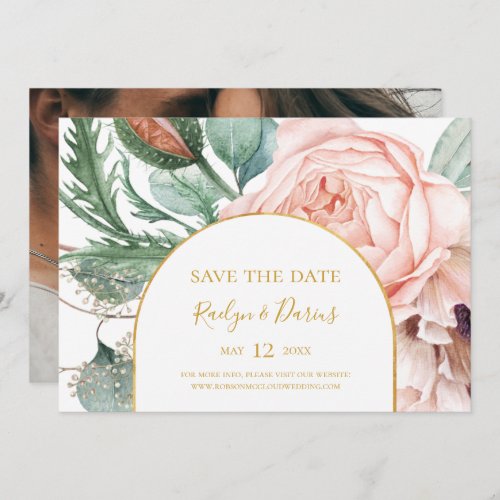 Elegant Blush Floral Garden  Photo Horizontal Sav Save The Date