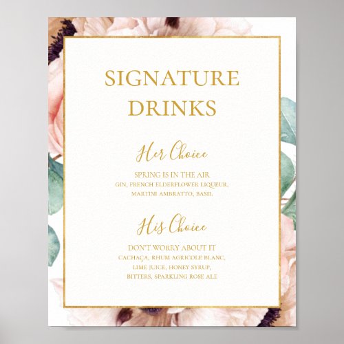 Elegant Blush Floral Garden Signature Drinks Sign