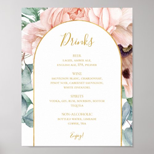Elegant Blush Floral Garden  Wedding Drinks Menu Poster