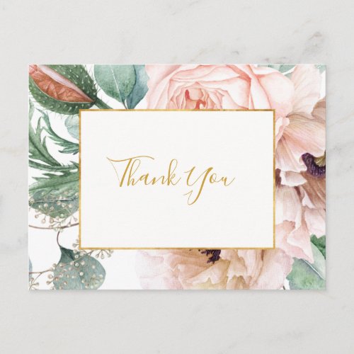 Elegant Blush Floral Garden  Wedding Thank You  Postcard