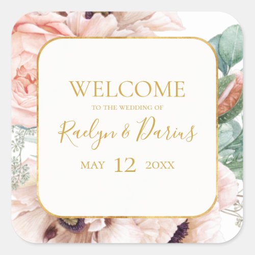Elegant Blush Floral Garden  Wedding Welcome Square Sticker
