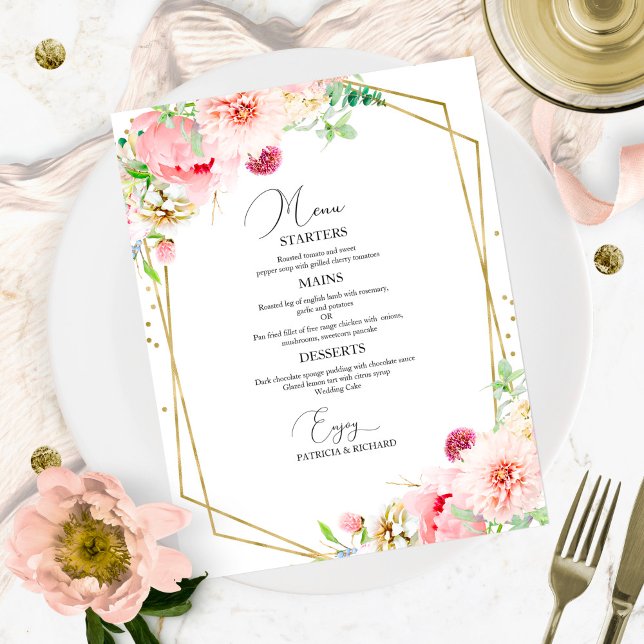Elegant Blush Floral Geometric Wedding Menu Card (Creator Uploaded)