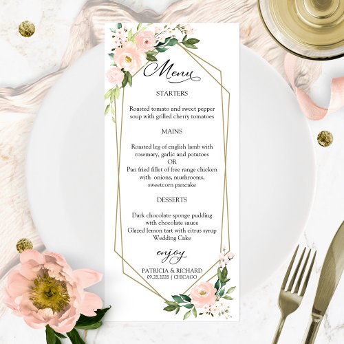 Elegant Blush Floral Geometric Wedding Menu Cards