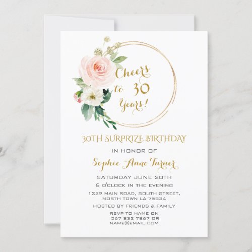 Elegant Blush Floral Gold Frame 30th Birthday Invitation