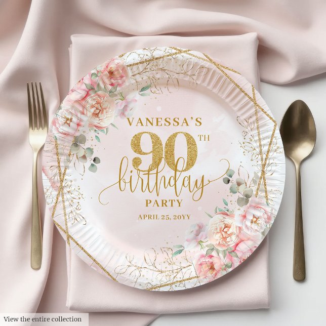 Elegant Blush Floral Gold Frame 90th Birthday Plat Paper Plates (Elegant Blush Floral Gold Frame 90th Birthday Plates)