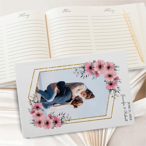 Elegant Blush Floral Gold Frame Photo Wedding Guest Book