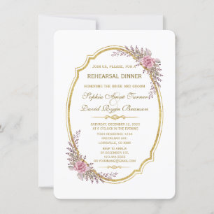 Elegant Blush Floral Gold Frame Rehearsal Dinner Invitation