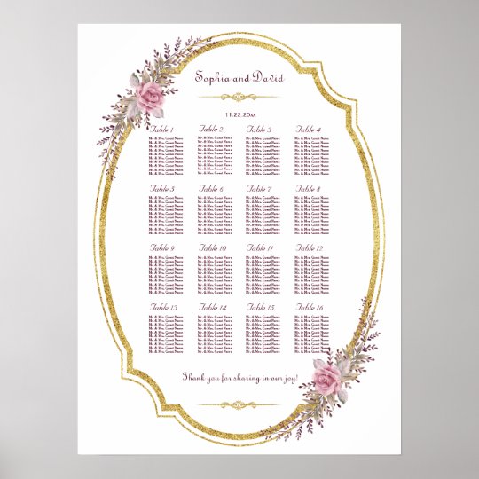 Elegant Blush Floral Gold Frame Seating Chart | Zazzle | Gold Frame