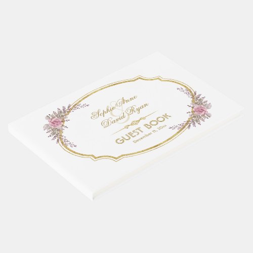 Elegant Blush Floral Gold Frame Wedding Guest Book