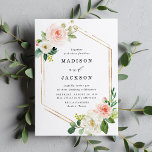 Elegant Blush Floral Gold Frame Wedding Invitation<br><div class="desc">Elegant spring floral wedding invitation featuring your names and wedding details framed by faux gold foil geometric accents,  blush watercolor flowers and lush green leaves. A modern choice that is perfect for spring and summer weddings.</div>
