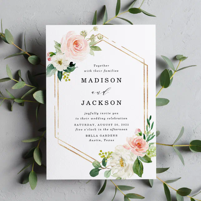 Elegant Blush Floral Gold Frame Wedding Invitation Zazzle