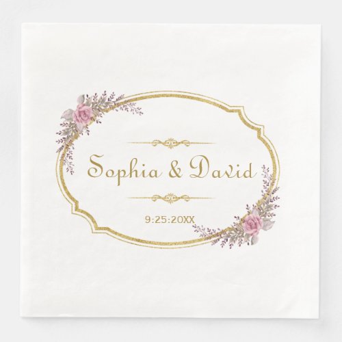 Elegant Blush Floral Gold Frame Wedding Paper Dinner Napkins