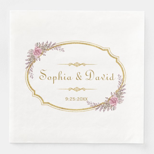 Elegant Blush Floral Gold Frame Wedding Paper Dinner Napkins (Front)