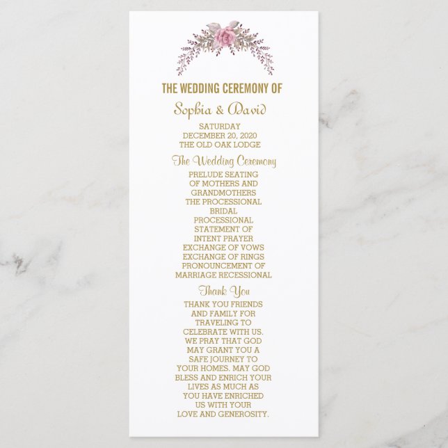 Elegant Blush Floral Gold Frame Wedding Program (Front)