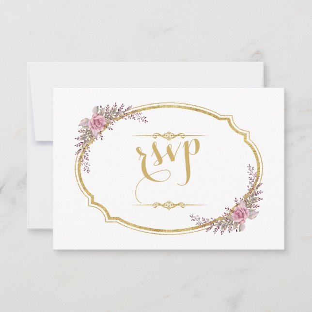 Elegant Blush Floral Gold Frame Wedding RSVP (Front)