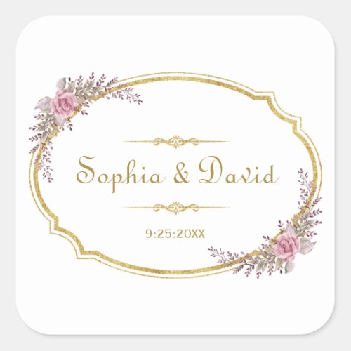 Elegant Blush Floral Gold Frame Wedding Square Sticker