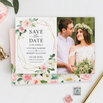 Elegant Blush Floral Gold Geometric Photo Save The Date by CardHunter at Zazzle