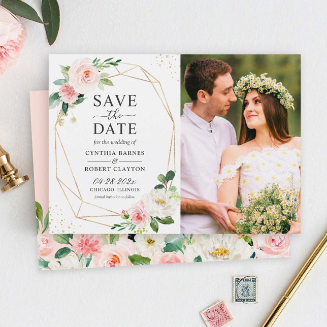 Elegant Blush Floral Gold Geometric Photo Save The Date (Creator Uploaded)