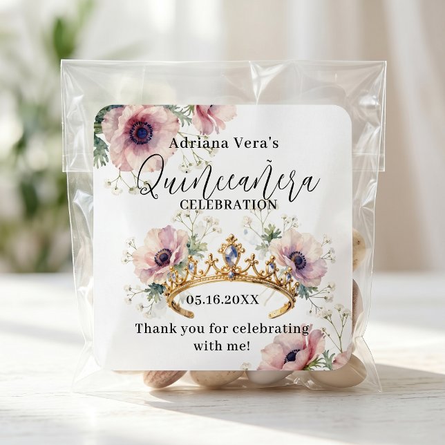 Elegant Blush Floral Gold Tiara Quinceañera Favor Square Sticker (Creator Uploaded)