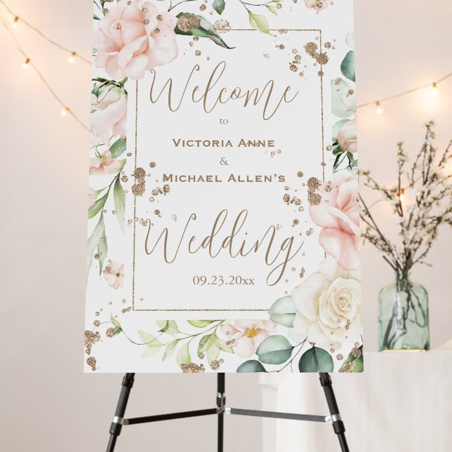 Elegant Blush Floral Gold Welcome Wedding Foam Board (In Situ (Stand))
