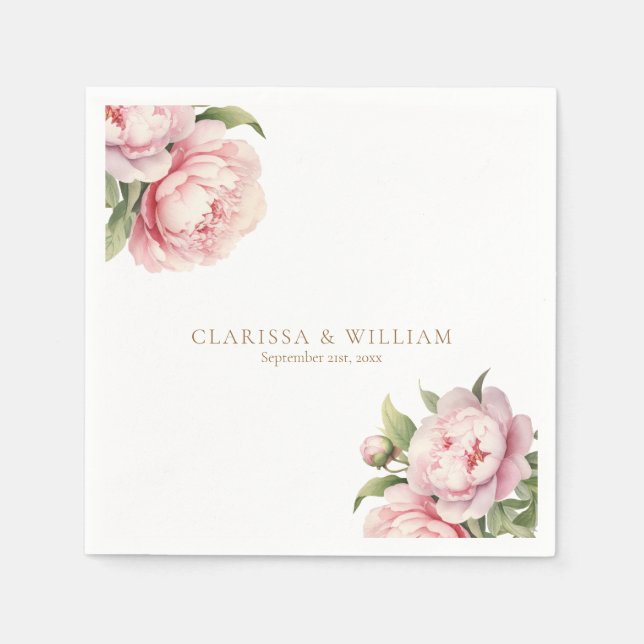 Elegant Blush Floral Gold White Modern Wedding Napkins (Front)