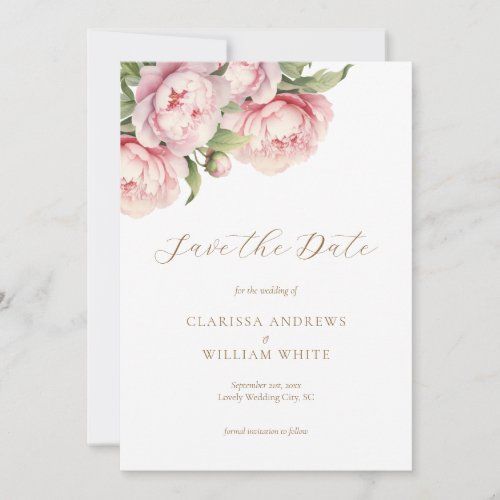 Elegant Blush Floral Gold White Modern Wedding Save The Date