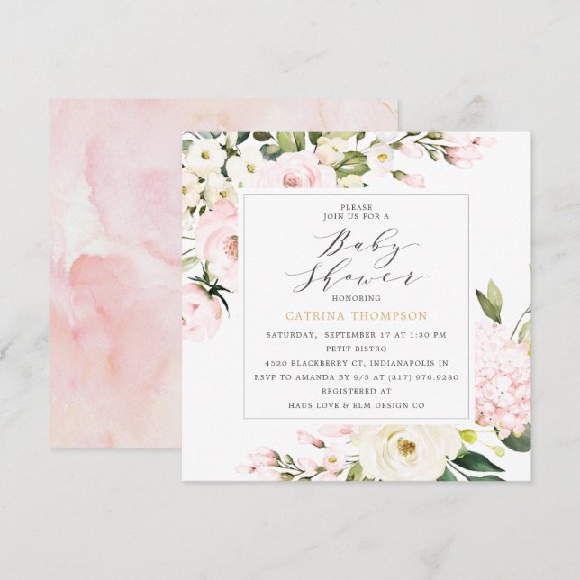 Elegant Blush Floral Greenery Baby Shower Invitation (Front/Back)