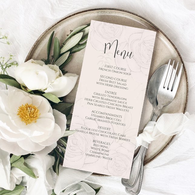 Elegant Blush Floral Greenery Calligraphy Menu (Elegant blush floral menu card with simple calligraphy and simple block-style letterings. )