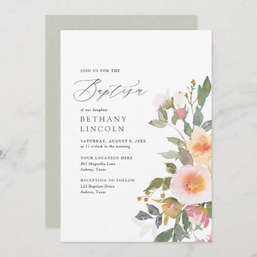 Elegant Blush Floral Greenery Girl Baptism Invitation