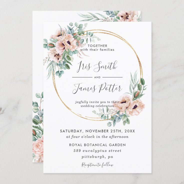 Elegant Blush Floral Greenery Gold Frame Wedding Invitation Zazzle