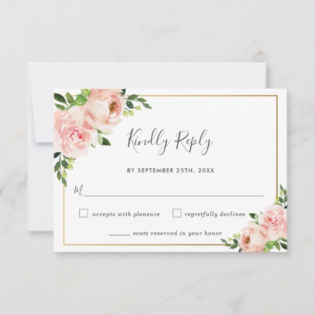 Elegant Blush Floral Greenery Wedding RSVP Card (Front)