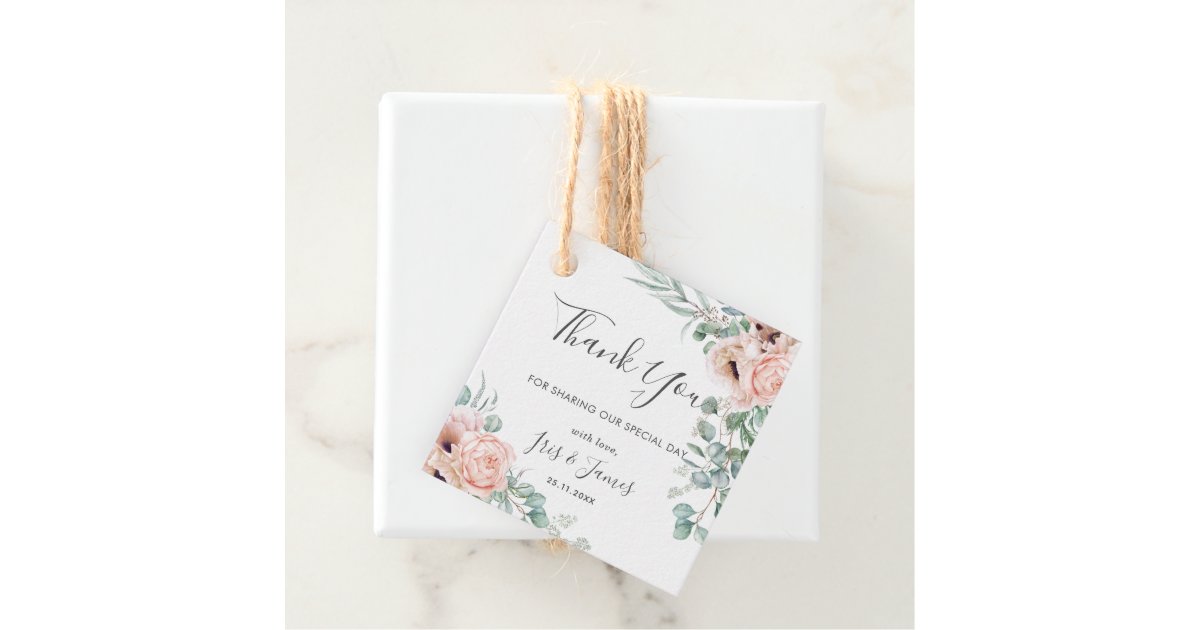 Elegant Blush Floral Greenery Wedding Thank You Favor Tags | Zazzle