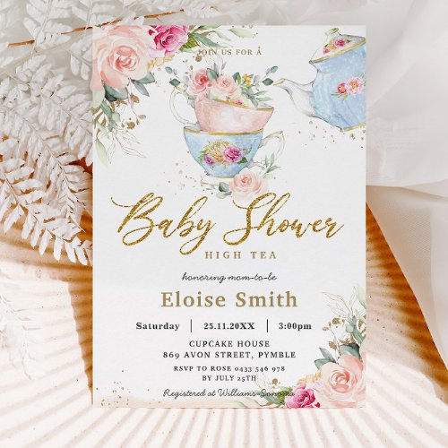 Elegant Blush Floral High Tea Party Baby Shower  Invitation