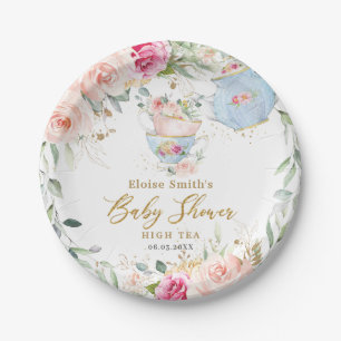Elegant Blush Floral High Tea Party Baby Shower Paper Plates